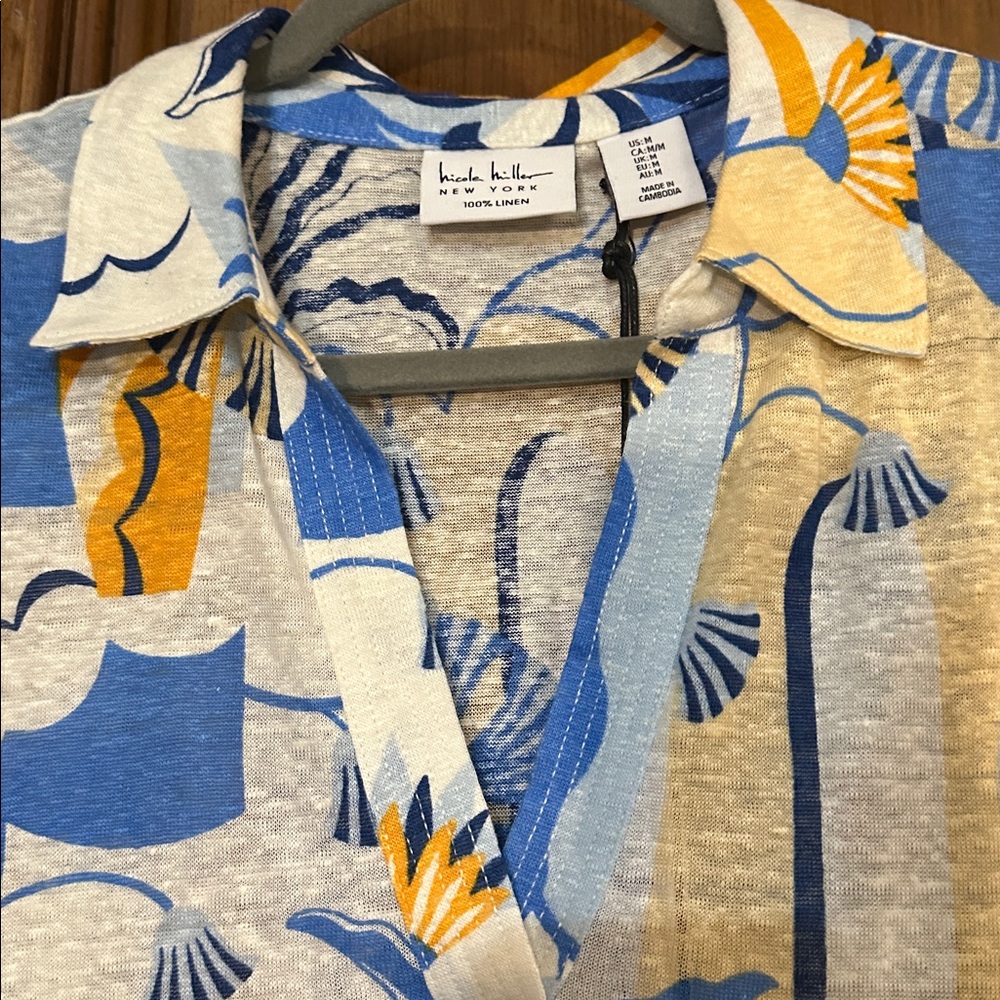 NEW Nicole Miller NewYork Linen Vibrant Blue Yellow Tropical Floral Print Shirt - Picture 5 of 6